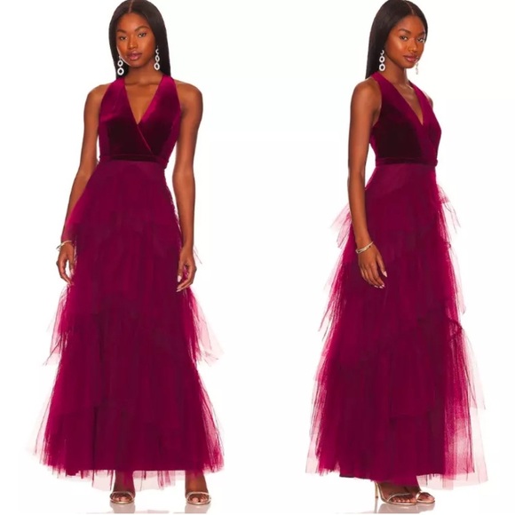 Revolve BCBGMAXAZRIA Velvet Tull Tired Fit & Flare Long Dress Gown Size M - Picture 3 of 14